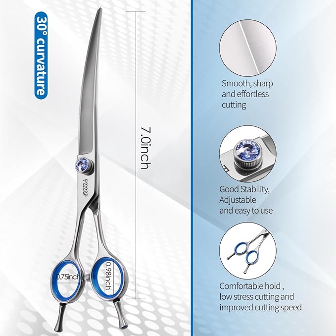 Left Handed Curved Scissors for Dog Grooming 7" Downward Professional Curved Shears Dog Grooming for Poodle Pet Cat Face Japan 440C Stainless Steel Super Sharp(7.0 curved)