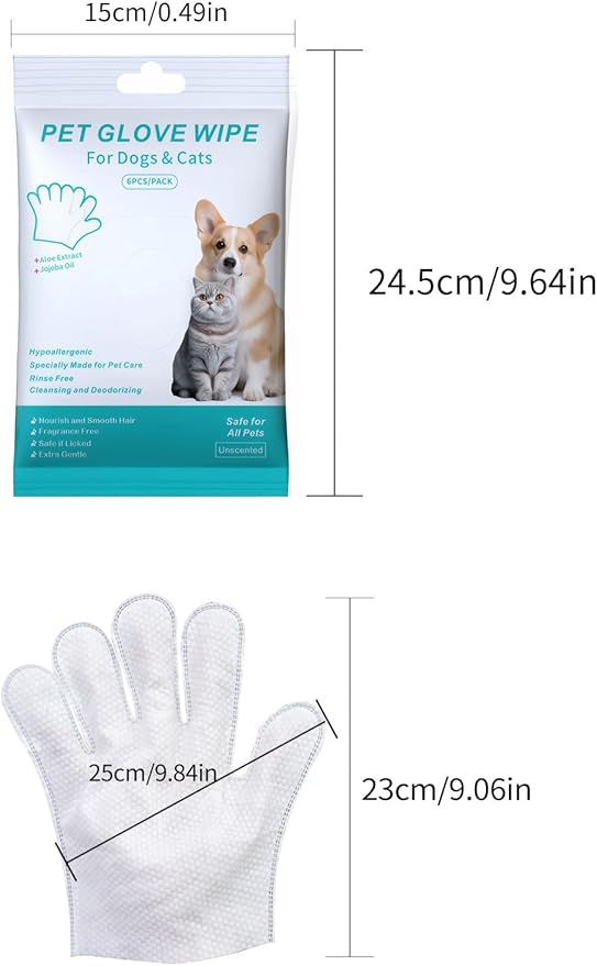 Pet Glove Wipe for Dogs & Cats, Hypoallergenic, Rinse Free, Cleansing and Deodorizing, Cat & Dog Wipes for Paws and Butt, 6 PCS/Pack (1Pack)