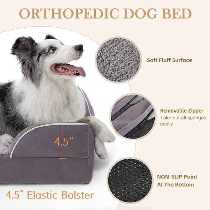 Large Dog Beds Waterproof Comfy Pet Bed for Large Dogs Sofa, Orthopedic Foam Dog Beds with Washable Removable Cover & Non-Slip Bottom(Large,Purple)