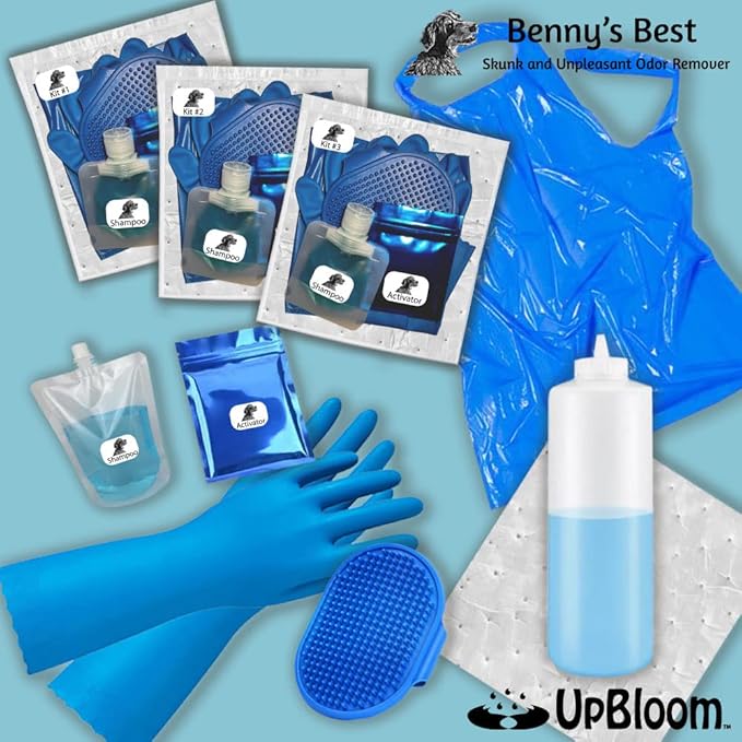 UpBloom - Benny's Best Pet Skunk and Odor Eliminator Shampoo Deodorizer Kit Buddy - Dog, Cat and Pet Skunk Shampoo and Accessories - Bathing Supplies and Odor Remover Products for Smelly Dogs and Cats