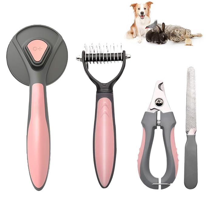 Pet Deshedding Brush Set, Undercoat Rake for Dogs & Cats - Double Sided Brush for Shedding and Dematting Comb Grooming Tool kit - Nail Clippers & Nail File Kit (4Pack) Pink