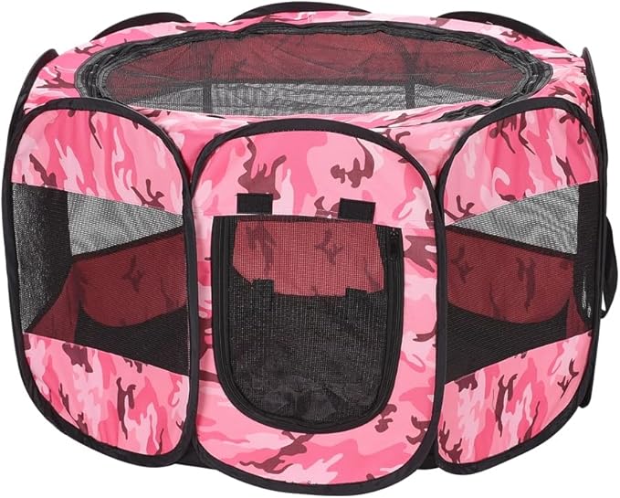 Foldable Pet Dog Playpen, Pop Up Portable Cat Playpen, Indoor/Outdoor for Kitten Puppy Play Pen, Cats Crate Tent with Carrying Bag, 600D Oxford (Camo Pink, Medium (31.5"x31.5"x23"), 8)