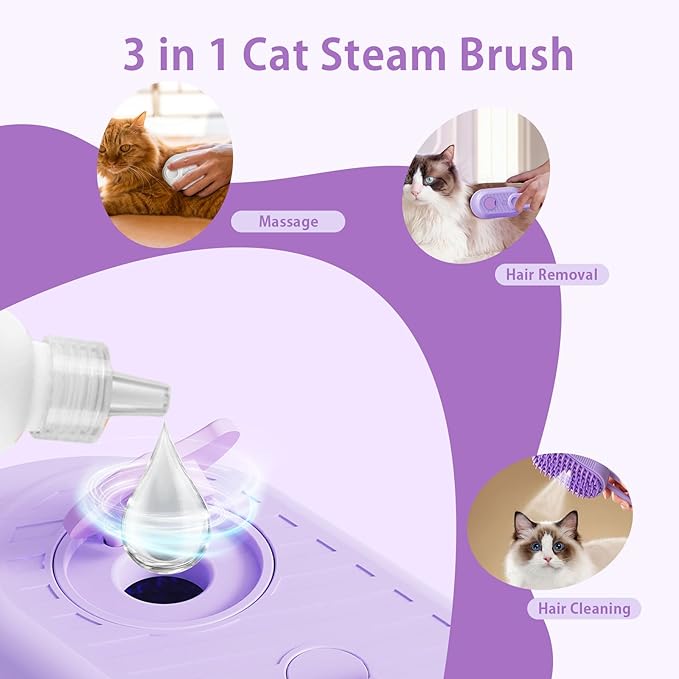 Pet Steam Brush for Dog Cat, 3-in-1 Cat Steam Brush for Shedding Grooming/Massage/Cleaning, Static-Free Deshedding Comb with Nano Spray, 360° Rotating Handle, Rubber Teeth & Portable Design (White)