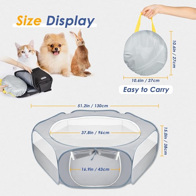 SlowTon Small Animal Playpen Portable - Durable Cat Playpen with Reinforced Mesh, Foldable Pet Playpen Exercise Play Pen with Zipper Top Cover Puppy Fence Kitten Rabbit Ferret Chinchilla (M,Grey)