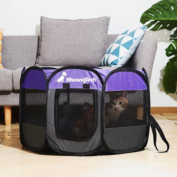 Foldable Pet Dog Playpen, Pop Up Portable Cat Playpen, Indoor/Outdoor for Kitten Puppy Play Pen, Cats Crate Tent with Carrying Bag, 600D Oxford (Purple + Black, Medium (31.5"x31.5"x23"), 8)