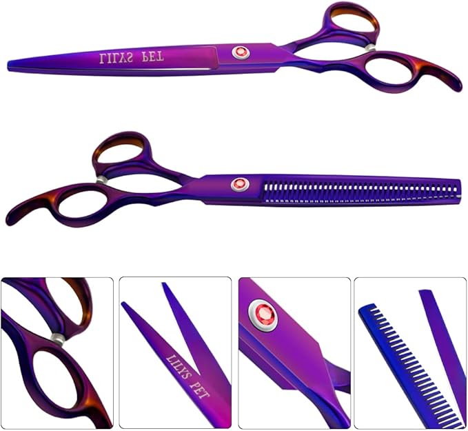 LILYS PET Professional PET DOG Grooming Coated Titanium scissors suit Cutting&Curved&Thinning shears (7.0 inches, Purple)…