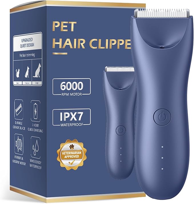 Quiet Dog Hair Clipper,Lightweight 6000RPM Powerful Quick Charged Hair Remover Waterproof Paw Hair Trimmer Kits for Dogs and Cats Blue