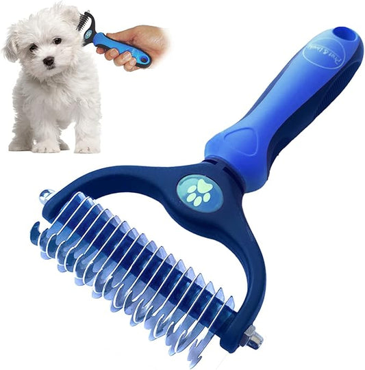 Pret & Lively 2 in 1 Pet Hair Dematting Tool, Tough Mats and Tangles, Undercoat Rake Comb, Dogs, Cats, Rabbits, Hairy Pets, Holiday Gift, Professional Grooming Brush For Deshedding, Extra Wide (Blue)
