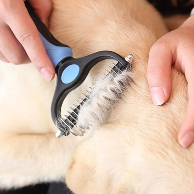 Pet Dog and Cat Deshedding Brush Grooming Tool Fur Removal - Double Sided Undercoat Rake Shedding Comb Mat Remover Deshedder Safe Detangler for Matted Hair/Fur, Blue