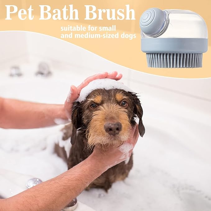 Dog Bath Brush Pet Shampoo Brush Silicone Puppy Brush Dog Shower Brush with Soap Dispenser Grooming Shower Brush (Grey)