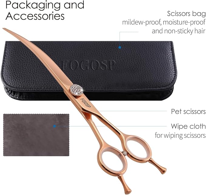 Rose Gold Titanium Curved Dog Grooming Scissors Reverse 7'' Downward 30° with Jewelled Screw Japan 440C Professional Pet Grooming Trimming Shears for Dogs Suzhi Teddy(7,Curved)