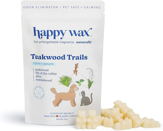 Happy Wax Teakwood Trails Wax Melts for Pet Owners – Odor Eliminating, Calming, Pet-Safe, Non-Toxic, Dye-Free, Perfect for Use with Wax Warmers - 4 oz Pouch