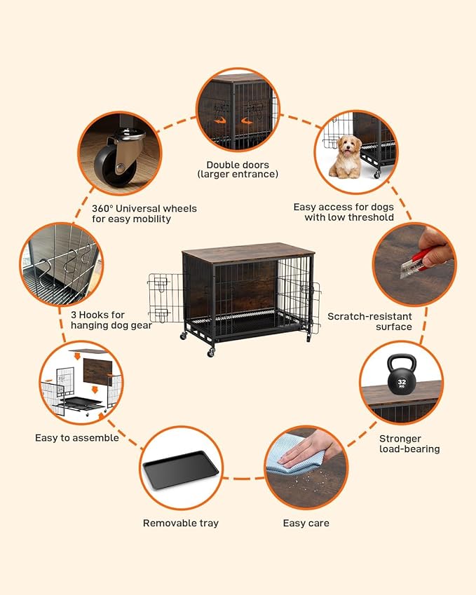 Dog Crate Furniture, Dog Kennel with Dual Doors, Removable Tray & 360° Wheels, Indoor for Large Dogs (Brown & Black, Large)