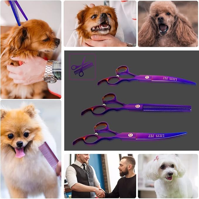 LILYS PET Professional PET DOG Grooming Coated Titanium scissors suit Cutting&Curved&Thinning shears (7.0 inches, Purple)…