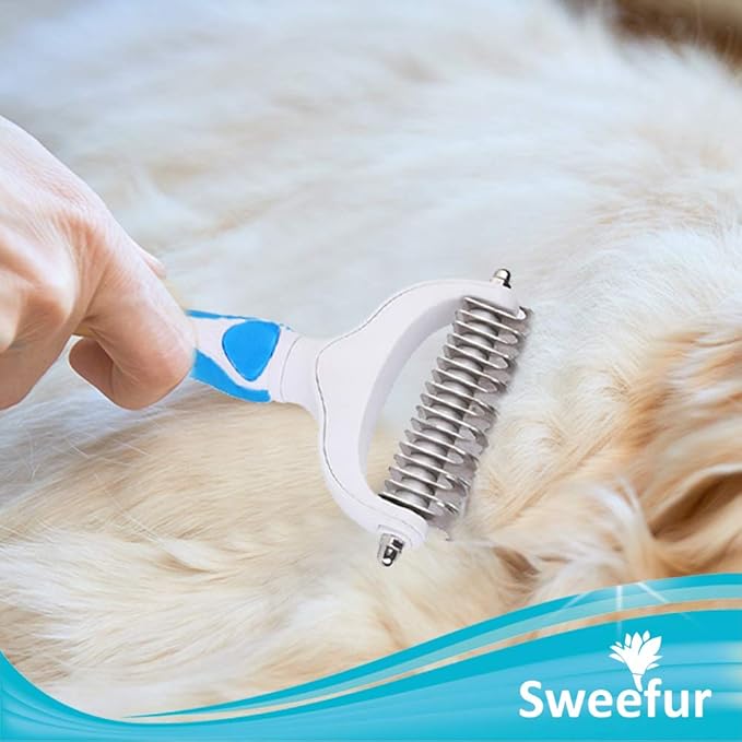 Pet Grooming Comb- 2 Sided Undercoat rake for Dogs & Cats- Professional Teeth pet Brush for Shedding and Remove mats & tangles- Grooming rake Tool for All pet Sizes- Blue