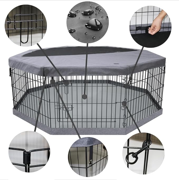 PETIME Foldable Metal Dog Exercise Pen/Pet Puppy Playpen Kennels Yard Fence Indoor/Outdoor 8 Panel 24" W with Top Cover and Bottom Pad (Playpen+Bottom+Top Cover, 8 Panels 24" H)