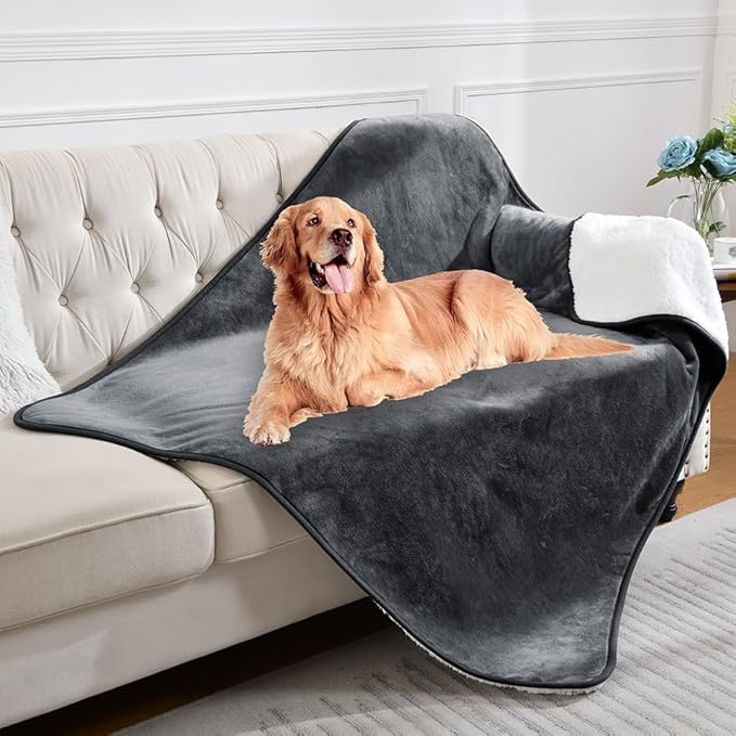 Waterproof Blanket for Bed Couch Sofa, Soft Liquid Pee Proof Pet Blanket for Dog Puppy Cat, Reversible Sherpa Fleece Blanket for Furniture Protector (Dark Grey, 50x60 inches)