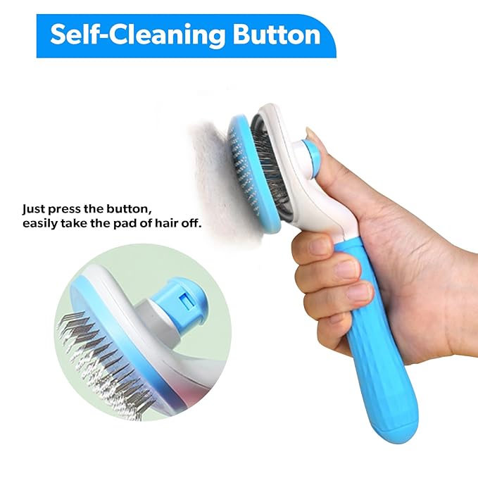 Pet Grooming Self Cleaning Slicker Brush for Cats and Dogs, Cats Brush for Shedding Hair, Removes Loose Hair & Tangles, Skin Friendly & Promote Circulation-Blue