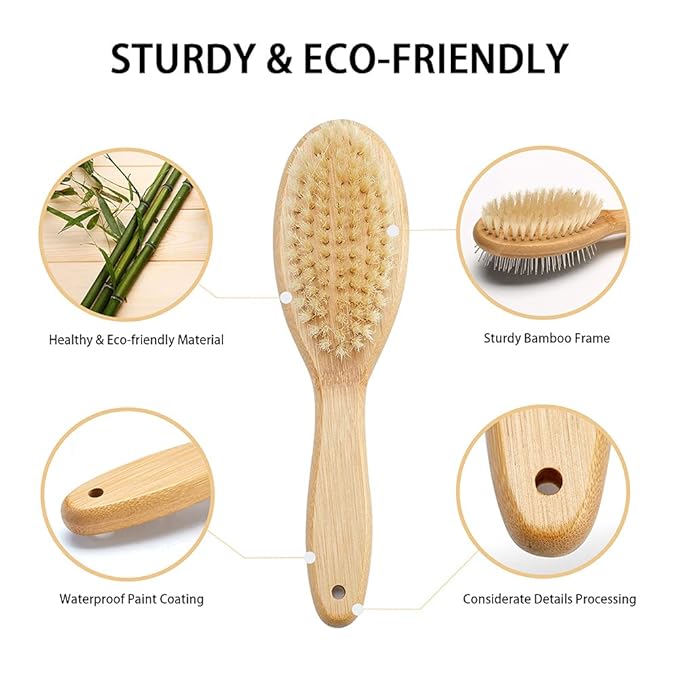 Dog Brush Cat Brush, Vokiuler Double Sided Bristle and Pin Pet Brush for Dog Grooming, Real Boar Bristle Shedding Brush with Bamboo Handle for Long Short Hair, 2 Pack Dog Comb, White