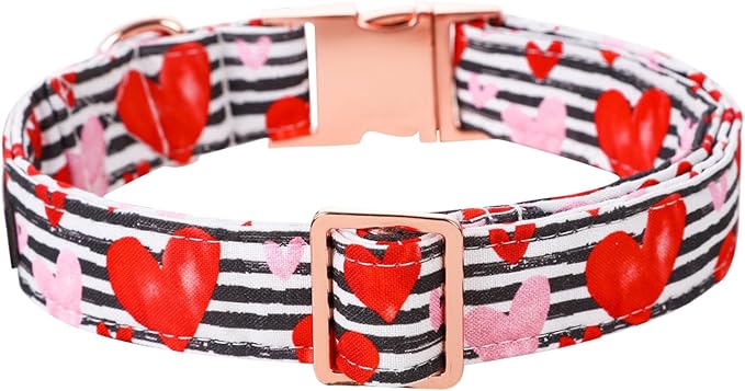 Lionet Paws Valentine Day Dog Collar, Heavy-Duty Cute Red Heart Pattern Fabric Pet Collar with Metal Buckle Necklace for Medium Large Gift, Neck 16-24 inches