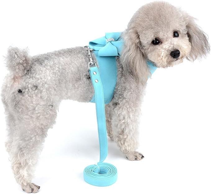 SELMAI Bling Rhinestone Dog Harness Bow Girls Soft Suede Leather for Small Pet Puppy Doggie Cat Girls Vest Collar Leash Set Adjustable/No Pull Chihuahua Yorkie Harness Walking Running Blue S