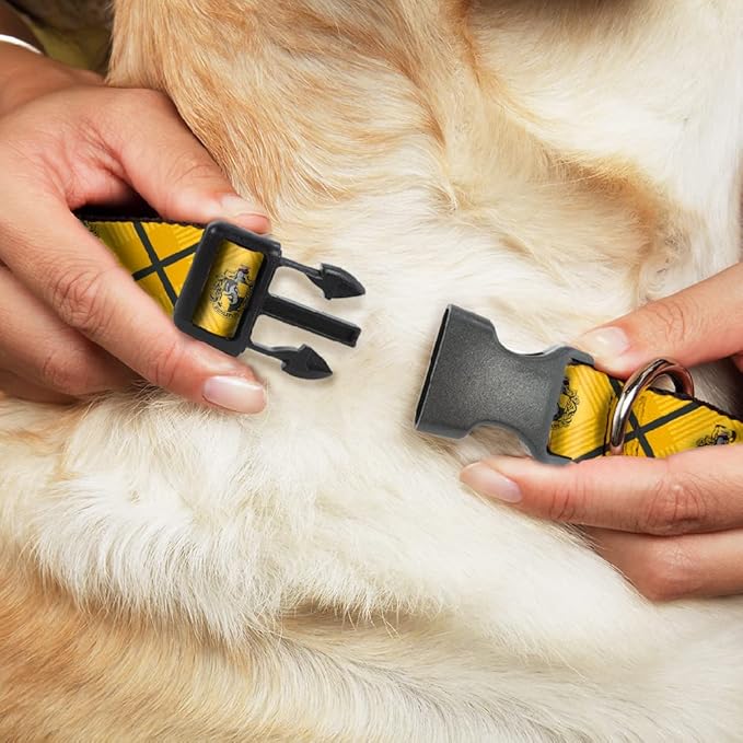 Buckle-Down Dog Collar Plastic Clip Harry Potter Hufflepuff Crest Plaid Yellows Gray 9.5 to 14.5 Inches 0.5 Inch Wide