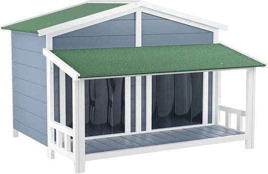 RITSU 47.2" Dog House, Waterproof Dog Kennel, Wooden Outdoor and Indoor Dog House, Log Cabin Style with Porch,Elevated Floor, 2 Doors, Pine Wood + Green