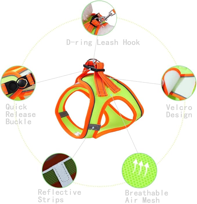 Soft Mesh Dog Harness and Leash Set, No-Chock Step-in Reflective Breathable Lightweight Easy Walk Escape Proof Vest Harnesses with Safety Buckle for Small Medium Dogs, Cats (Green, Medium)
