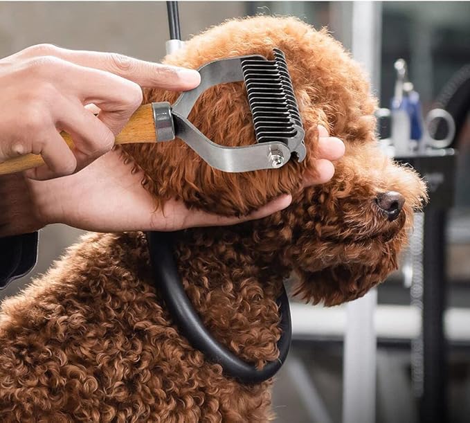 Pet Hair Brush with Wood Handle and a Small Comb for Dogs and Cats, TOMARK 2 Sided Detangler Brush Tool For Cutting Removing Mat, Knots, Tangles & Matted Hair, 17-Blade Deshedding Brush for Groomers, Pet Owners