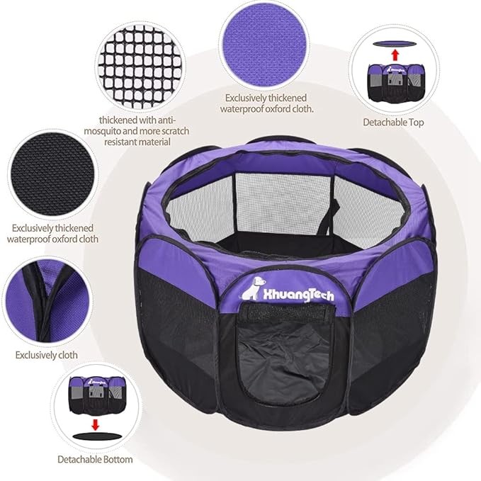 Foldable Pet Dog Playpen, Pop Up Portable Cat Playpen, Indoor/Outdoor for Kitten Puppy Play Pen, Cats Crate Tent with Carrying Bag, 600D Oxford (Purple + Black, Medium (31.5"x31.5"x23"), 8)