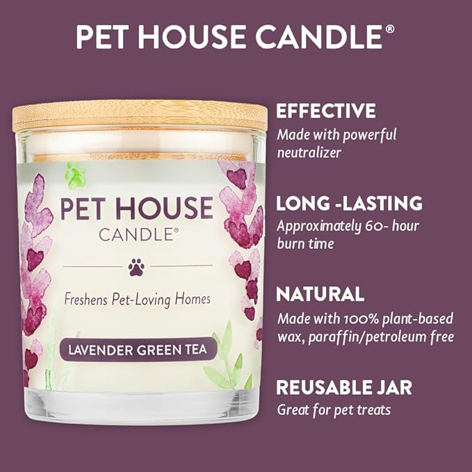 One Fur All 100% Natural Soy Wax Candle, 20 Fragrances - Pet Odor Eliminator, Appx 60 Hrs Burn Time, Non-Toxic, Reusable Glass Jar Scented Candles – Pet House Candle, Lavender Green Tea