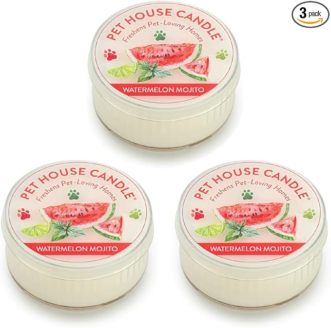 One Fur All Pet House Mini Candles for Pet Odor Made with Natural Soy Wax, Plant Based, Dog and Cat Friendly Scented Candles, Watermelon Mojito Pack of 3