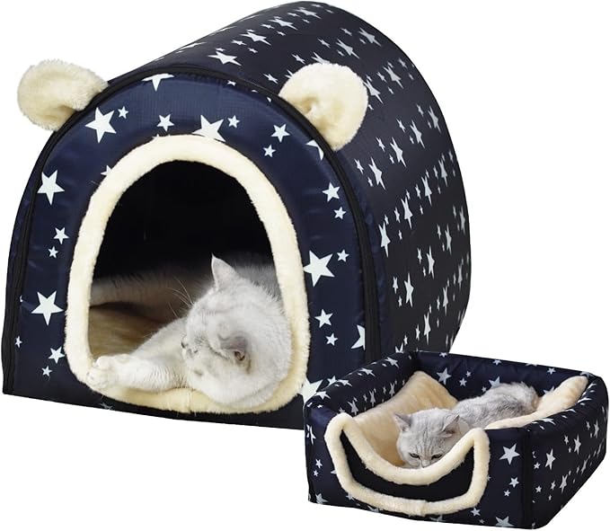 Dog Bed or Cat Bed,2 Ways to Use,Indoor Pet House with Fluffy Mat,Removable and Washable Cover,Splash-Proof House and Non-Slip Bottom,for Cats and Small Dogs(M Star)
