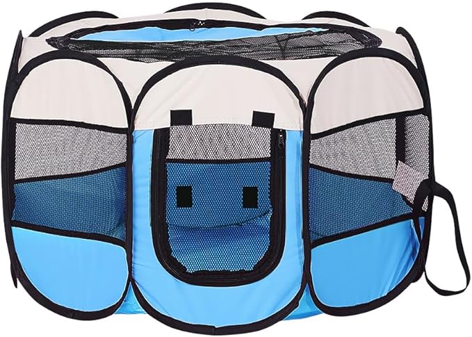 Foldable Pet Dog Playpen, Pop Up Portable Cat Playpen, Indoor/Outdoor for Kitten Puppy Play Pen, Cats Crate Cage Tent with Carrying Bag, 600D Oxford (Sky Blue + Beige, Small (26"x26"x18"), 8)