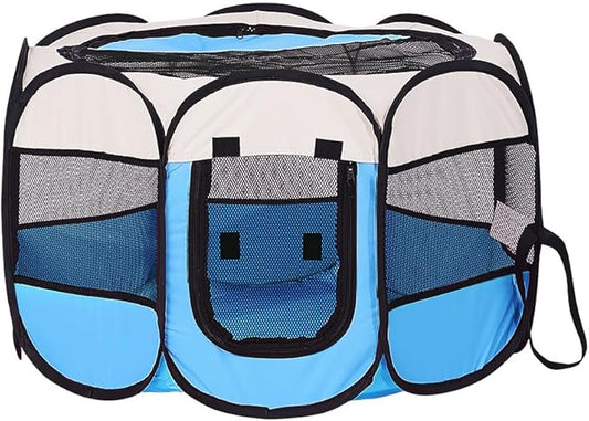 Foldable Pet Dog Playpen, Pop Up Portable Cat Playpen, Indoor/Outdoor for Kitten Puppy Play Pen, Cats Crate Cage Tent with Carrying Bag, 600D Oxford (Sky Blue + Beige, Small (26"x26"x18"), 8)