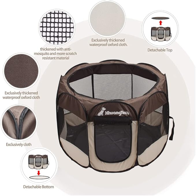 Foldable Pet Dog Playpen, Pop Up Portable Cat Playpen, Indoor/Outdoor for Kitten Puppy Play Pen, Cats Crate Tent with Carrying Bag, 600D Oxford (Coffee + Beige, Medium (31.5"x31.5"x23"), 8)