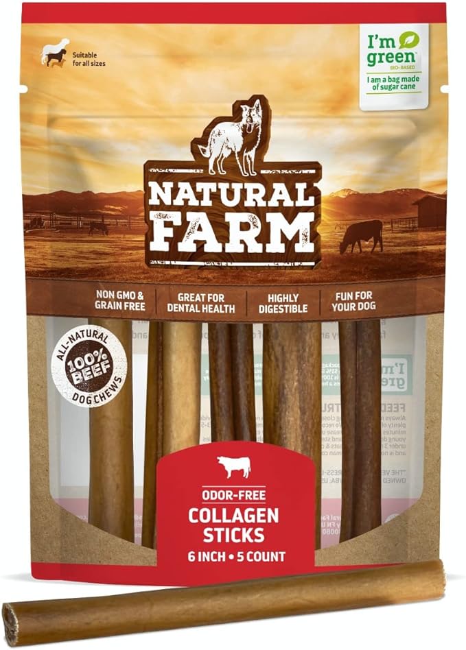 Natural Farm Collagen Sticks 6-Inch Dog Chews - Odor-Free, 95% Natural Collagen Supports Healthy Joints, Skin & Coat - Small, Medium Dogs β Lasts 20% More (6 inch, 5 Pack)