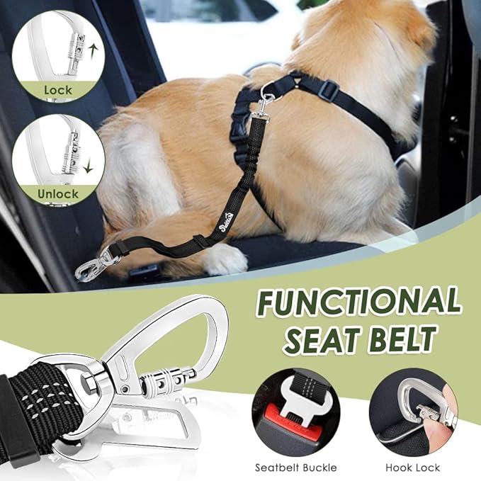 SlowTon Dog Seat Belt Harness for Car, Dog Car Harness Adjustable Mesh Breathable & Dog Seatbelt Safety Tether with Elastic Bungee for Small Medium Large Pets(Camouflage, Double Clip, M)