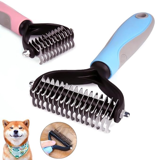 Pet Grooming Rake - Double-Sided Deshedding Dematting Tool, Undercoat Rake for Dogs & Cats, Extra-Wide Dog Grooming Brush & Deshedder Comb for Long Hair, Reduces Shedding 95%