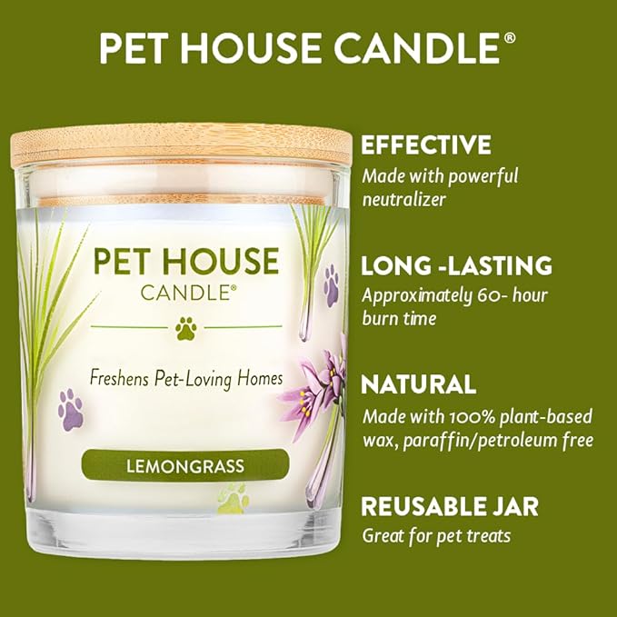 Pet House 9 oz Lemongrass Scented Pet Odor Candle, Clean Burning, Long Lasting, Plant Based Spring, Summer Scented Soy Candle, 60 Hour Burn Time