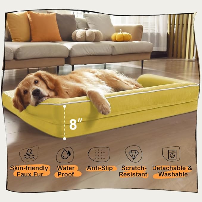 Large Dog Bed Orthopedic Washable - Waterproof with Removable Cover - Memory Foam - Beds Bolster Pet - Couch Sofa - XXXL Large Big Jumobo Dogs - Ginger Yellow Giant Dog Bed