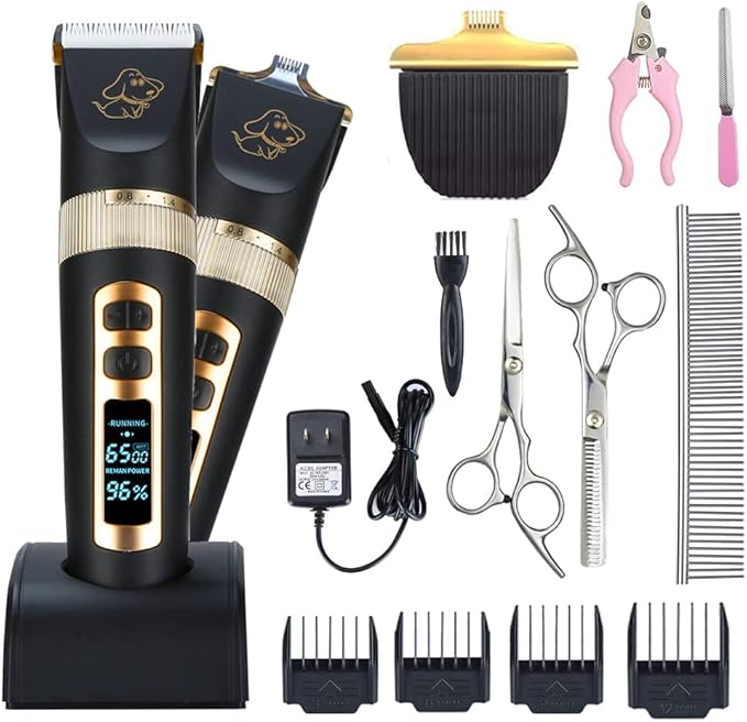 Otstar Professional Dog Grooming kit, 3 Speed Rechargeable Cordless Dog Clippers Low Noise Low Vibration, LED Screen Indicate Power/Lubricating/Cleaning