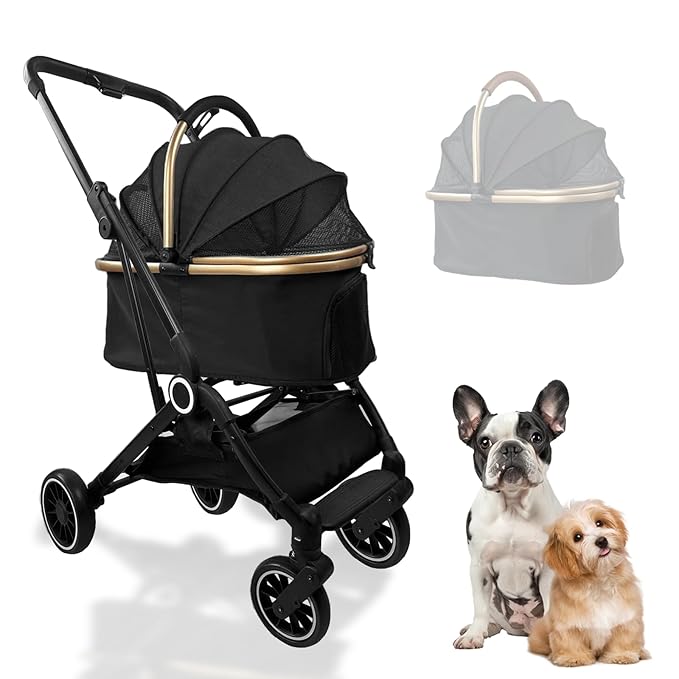 3 in 1 Folding Pet Stroller, Detachable Folding Medium and Small Pet Dog Cat Strollers with Storage Bins and Cup Holders Carbon Steel Frame 4-Wheel Pet Travel Stroller (Black)