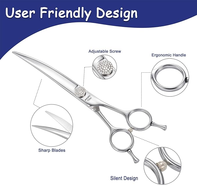 Professional Curved Dog Grooming Scissors with Simulation Diamond 440C Stainless Steel Polished Pet Cat Hair Cutting Shears for Groomers and Home users 7''