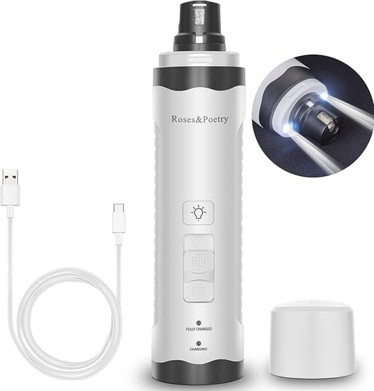Roses&Poetry Nail Grinder with 2 LED Lighe and 3-Speed Electric Rechargeable Pet Nail Trimmer Painless Paws Grooming & Smoothing for Small Medium Large Dogs & Cats