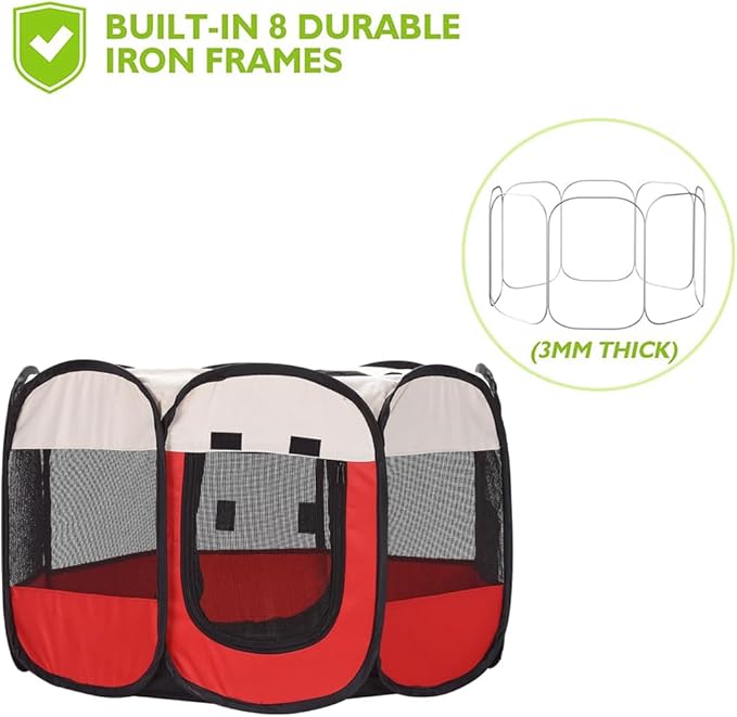 Foldable Pet Dog Playpen, Pop Up Portable Cat Playpen, Indoor/Outdoor for Kitten Puppy Play Pen, Cats Crate Tent with Carrying Bag, 600D Oxford (Red + Beige, Medium (31.5"x31.5"x23"), 8)