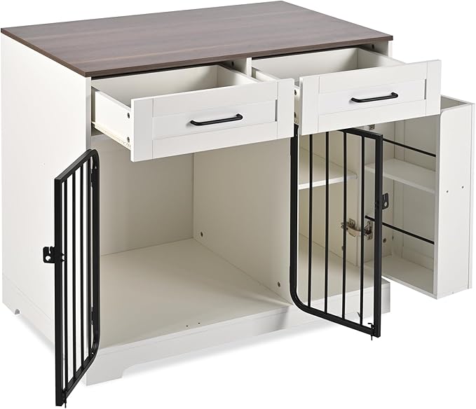 Ball & Cast 37.4" 2-in-1 Dog Crate Furniture,Modern Indoor Kennel with 2 Drawers&Storage Shelves,Double Doors&Double Locks Design for 26-40 lbs Dogs,Living Room,Kitchen,Entryway Side Table,White