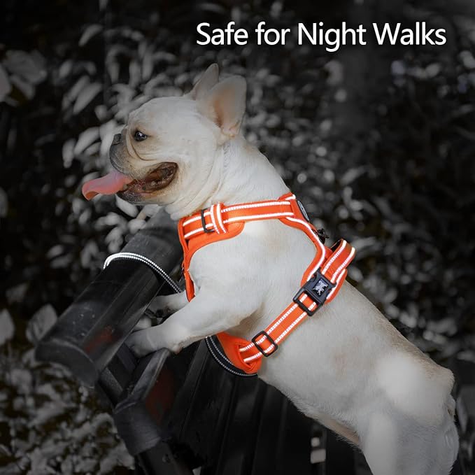 PoyPet No Pull Dog Harness, No Choke Reflective Dog Vest, Adjustable Pet Harnesses with Easy Control Padded Handle for Small Medium Large Dogs(Orange Matching Trim,S)