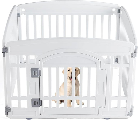 Sweetcrispy Plastic Dog Playpen - 4-Panel 24" Expandable & Durable Pet Fence for Medium Dogs - Indoor & Outdoor Portable Puppy Playpen with Secure Locking Door, White