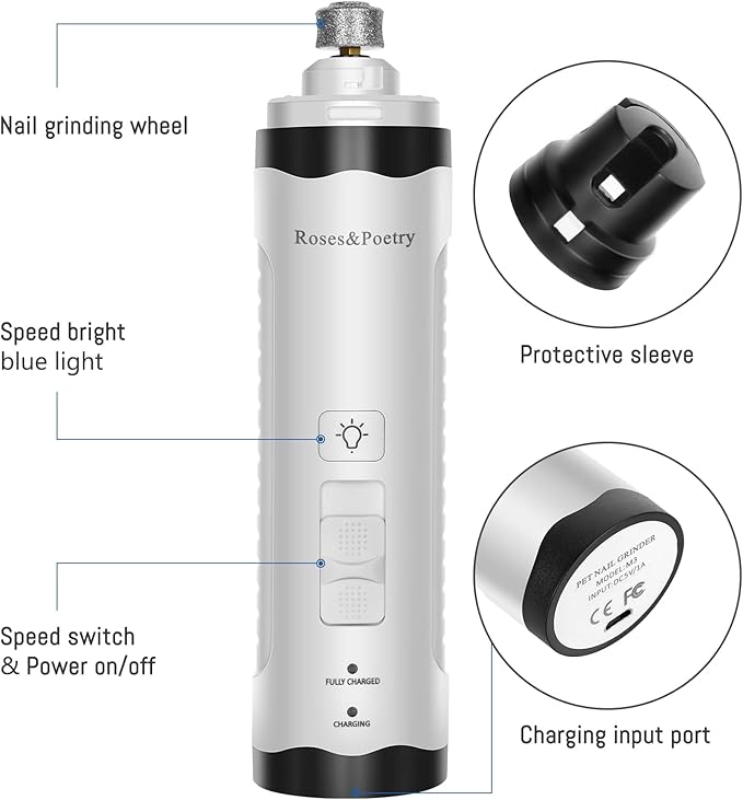 Roses&Poetry Nail Grinder with 2 LED Lighe and 3-Speed Electric Rechargeable Pet Nail Trimmer Painless Paws Grooming & Smoothing for Small Medium Large Dogs & Cats
